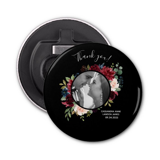 Abrebotellas Rubor Burgundy Photo Floral Elegant Wedding (Anverso)