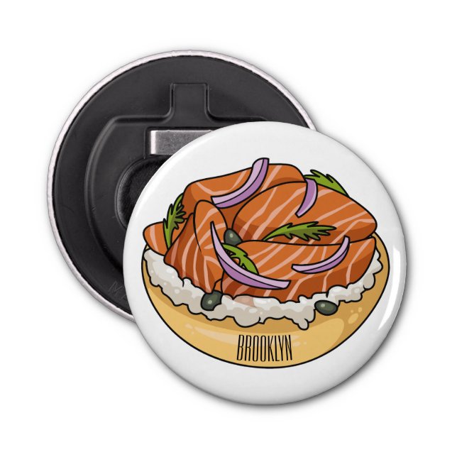 Abrebotellas Salmon bagel cartoon illustration  (Anverso)
