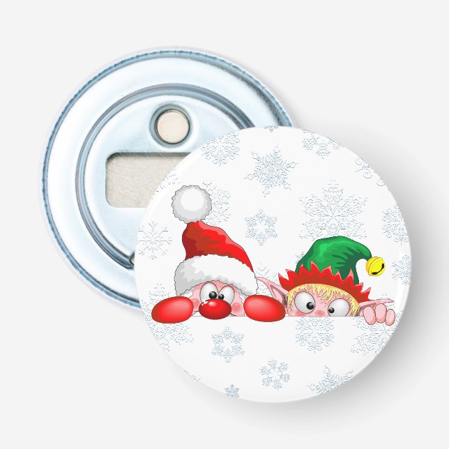 Abrebotellas Santa y Elf Cute y graciosos personajes Peeking (Anverso)