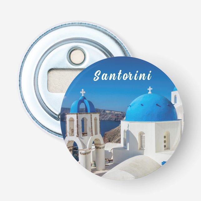 Abrebotellas Santorini con iglesia azul y blanca (Anverso)