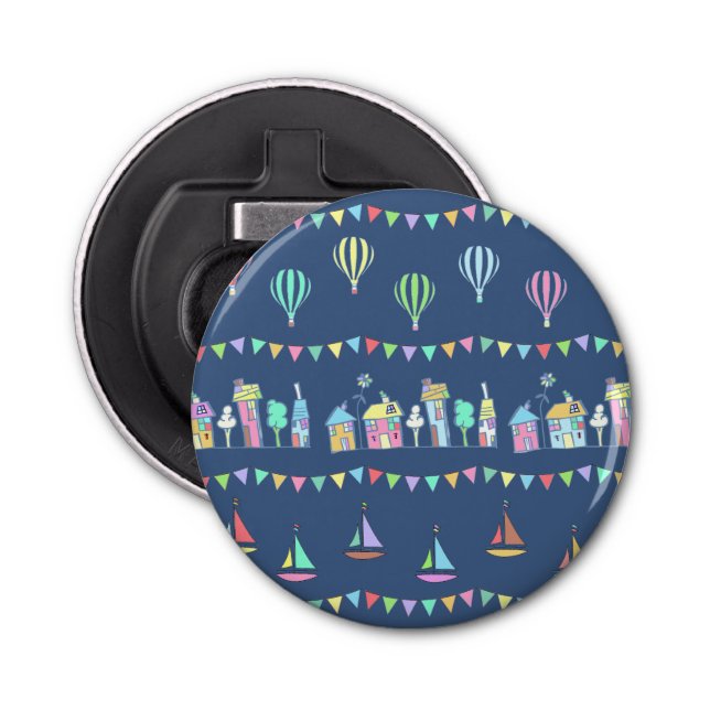 Abrebotellas Seaside Town Sail Boats and Bunting Pattern Blue (Anverso)