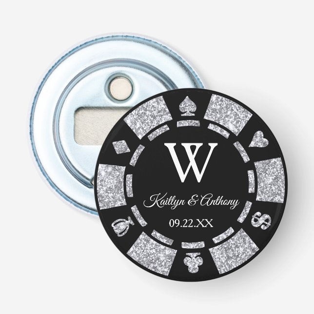 Abrebotellas Silver Glitter Poker Chip Casino Wedding Favor (Anverso)