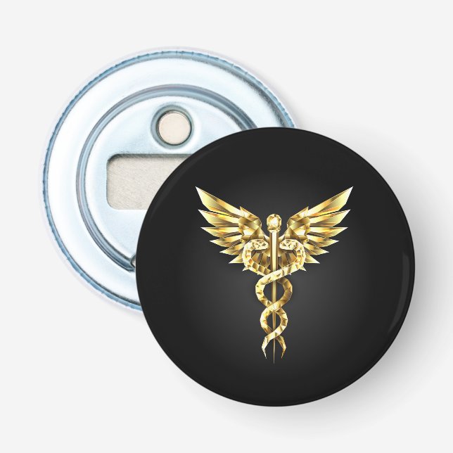 Abrebotellas Símbolo Caduceo Poligonal Dorado (Anverso)