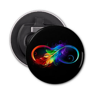 Abrebotellas Símbolo infinito con plumas arcoiris