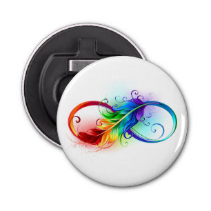 Abrebotellas Símbolo infinito con plumas arcoiris