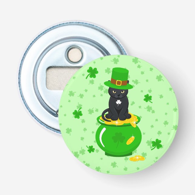 Abrebotellas St. Patrick's Day Shamrock Pot of Gold Black Cat (Anverso)
