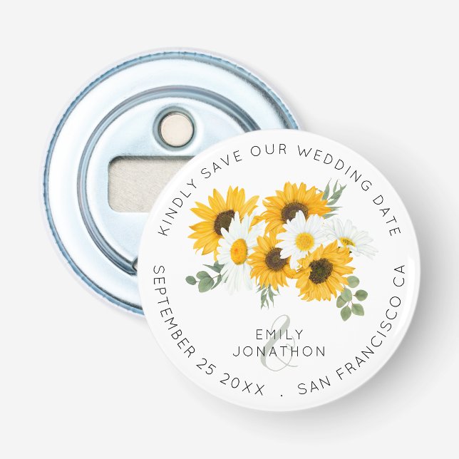 Abrebotellas Sunflowers Rustic Keepsake Floral Salva La Fecha (Anverso)
