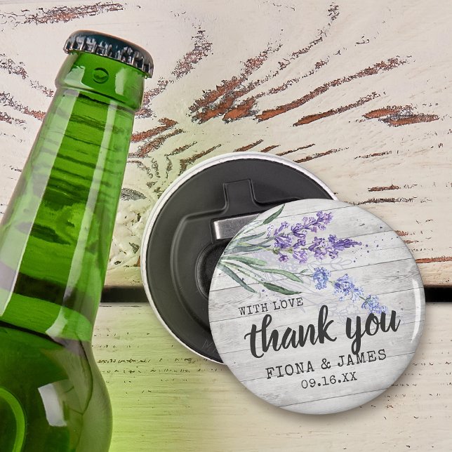 Abrebotellas Textura de madera rústica, agradecimiento de boda  (Rustic Wood Texture Lavender Wedding Thank You Bottle Opener)