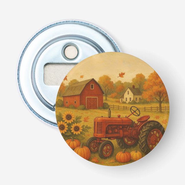 Abrebotellas Tractor clásico de otoño feliz y granja (Anverso)