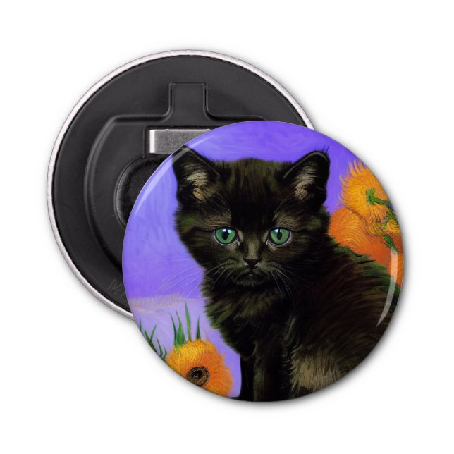 Abrebotellas Van Gogh Black Kitten con girasoles (Anverso)