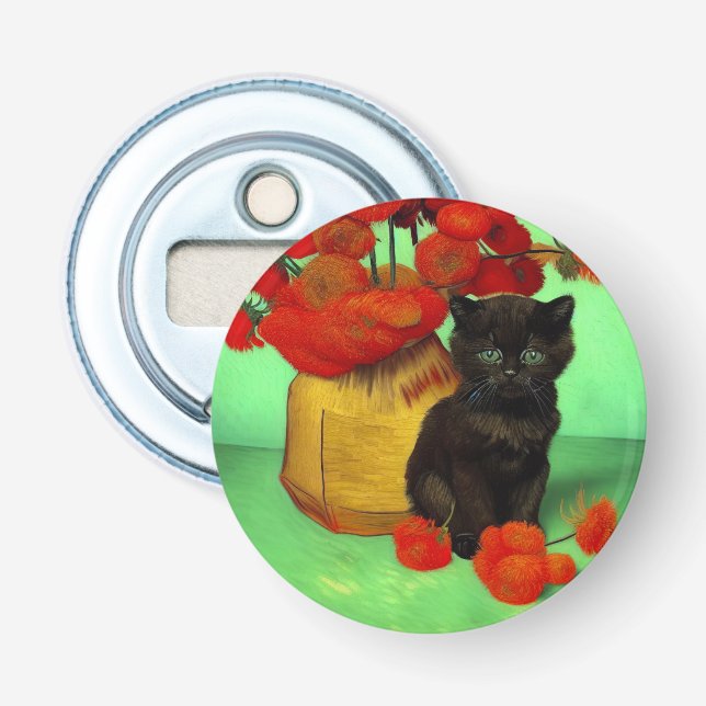 Abrebotellas Van Gogh Black Kitten Red Flowers (Anverso)