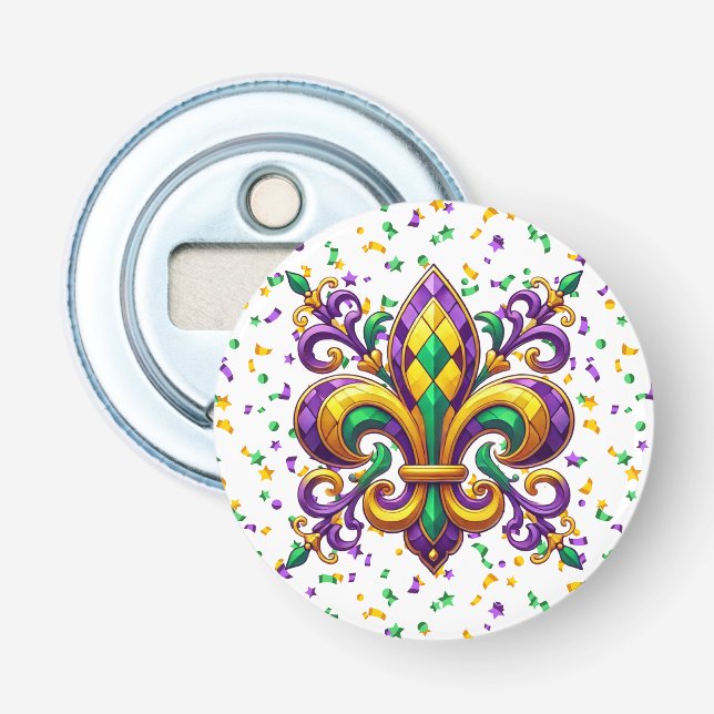 Abrebotellas Verde morado Mardi Gras fleur de lis (Anverso)