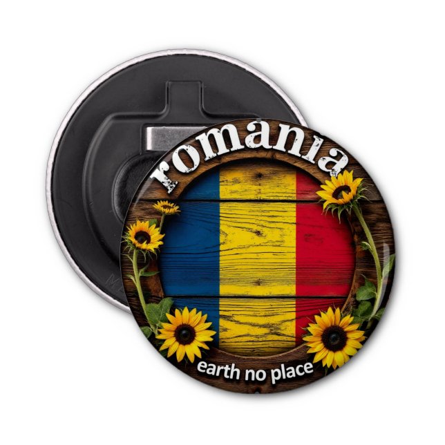Abrebotellas Wooden sign with sunflowers and flag of Romania (Anverso)