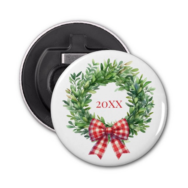 Abrebotellas Wreath Verde De Acuarela Con Bow Rojo De Gingham (Anverso)