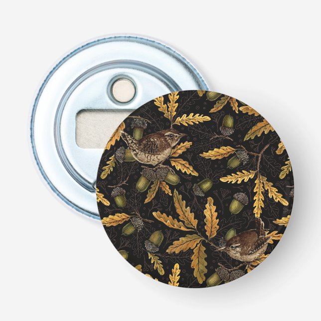 Abrebotellas Wrens y bellotas sobre negro (Anverso)