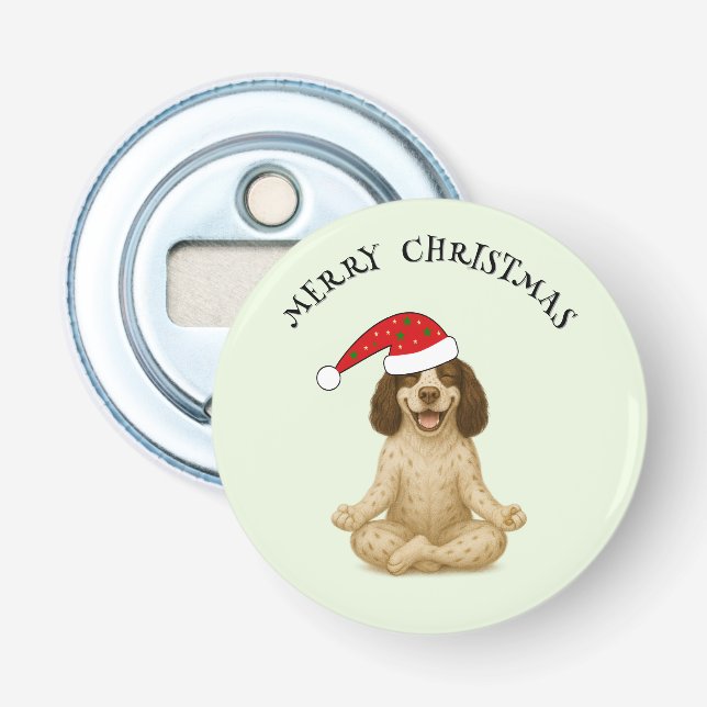 Abrebotellas yoga de Navidad spaniel tu texto (Anverso)