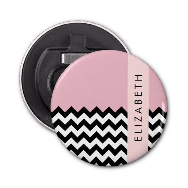 Abrebotellas Zigzag negro y blanco, chevron, rosado, tu nombre (Anverso)