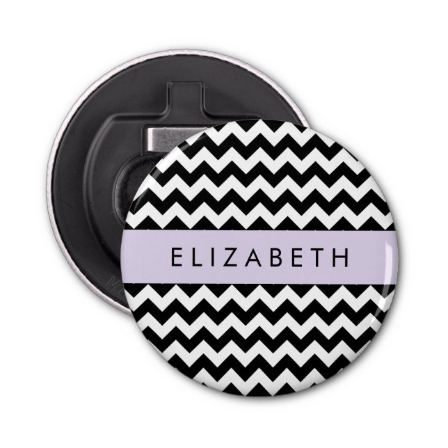 Abrebotellas Zigzag negro y blanco, patrón de cheurón, nombre (Anverso)