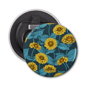 Abrebotellas Zinnias amarillas en azul oscuro