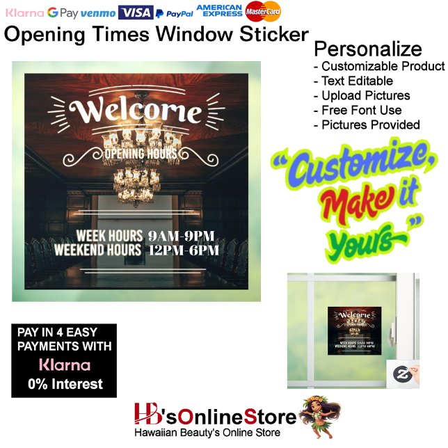 Abriendo tiempo Pegatina de ventana Personalizable (Opening Times Window Sticker Customizable 2.)