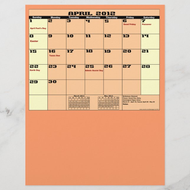 Abril. Calendario 2012 Volante multipropósito de 1 (Frente)