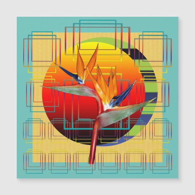Abstract geometric bird flower aqua yellow red sun (Anverso)