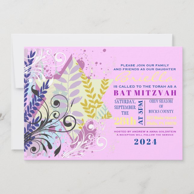 ABSTRACTO FLORAL STAR Bat Mitzvah Invitación (Anverso)