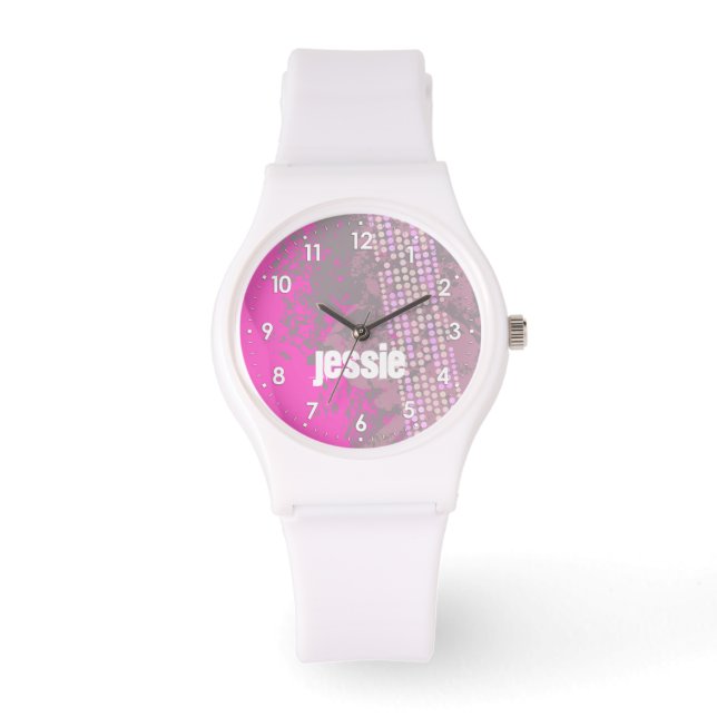 Abstracto nombre rosa número chicas reloj deportiv (Anverso)