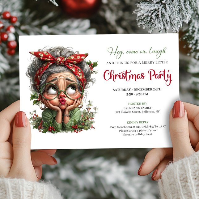 Abuela divertida invitación de Navidad para fiesta (Merry Fun Grandma Cartoon Christmas Party Invite)
