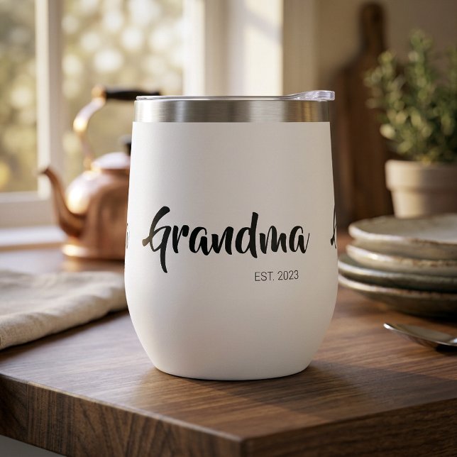 Abuela Estableció Regalo de Escritura en Blanco y  (Grandma Established Black White Script Gift Thermal Wine Tumbler)