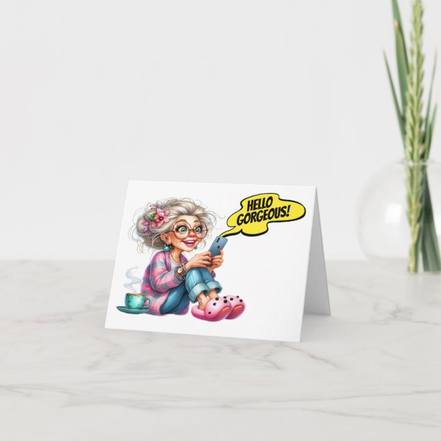 Abuelo Divertido Con Café y Teléfono Celular (Anverso)