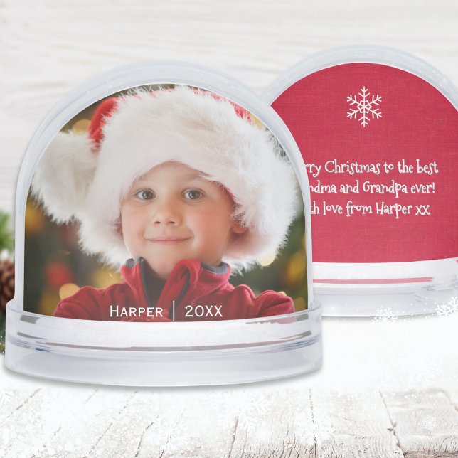 Abuelos Keepsake Photo para abuelos (A festive snow globe with custom photo, name and year on the front, personalized message on the back)