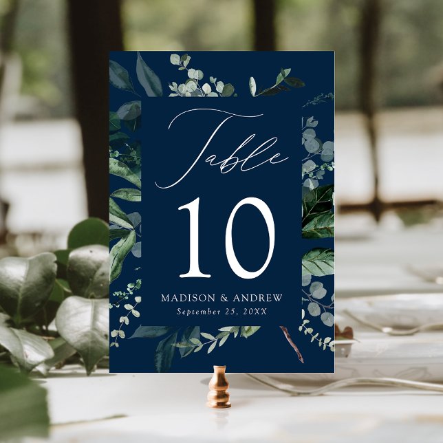 Abundant Greenery Navy Table Number Card (Subido por el creador)