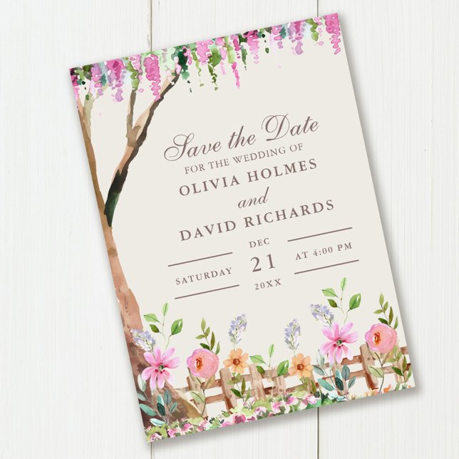 Acacia Rústica con Flores Silvestres Tarjeta de Gu (Rustic Acacia with Wildflowers Save the Date Card on wooden table.)
