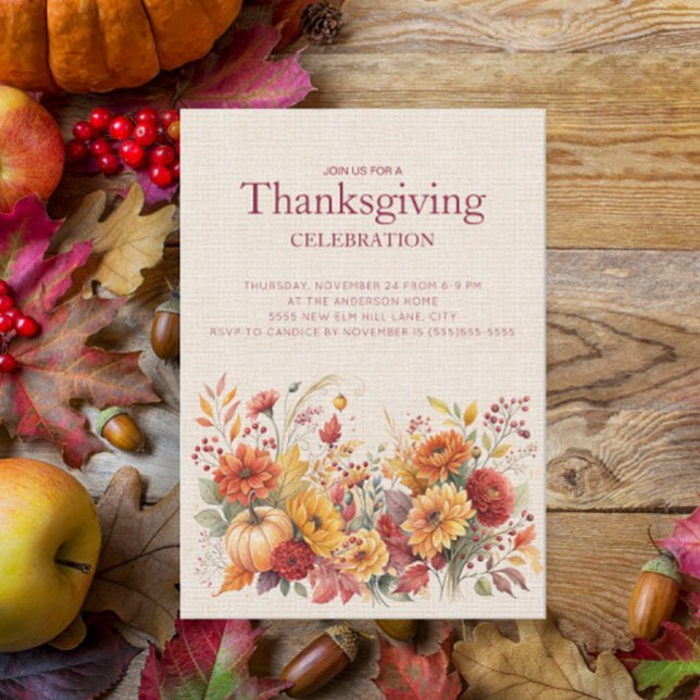 Acción de Gracias Rustic Autumn Floral Linen (Autumn floral Thanksgiving Dinner invitation)