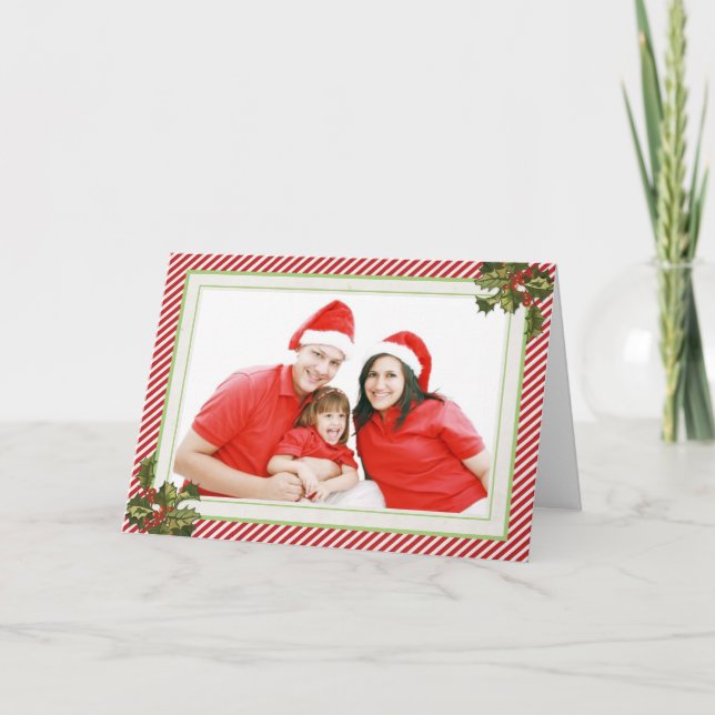 Acebo y rayas que doblan la tarjeta de Navidad (Anverso)