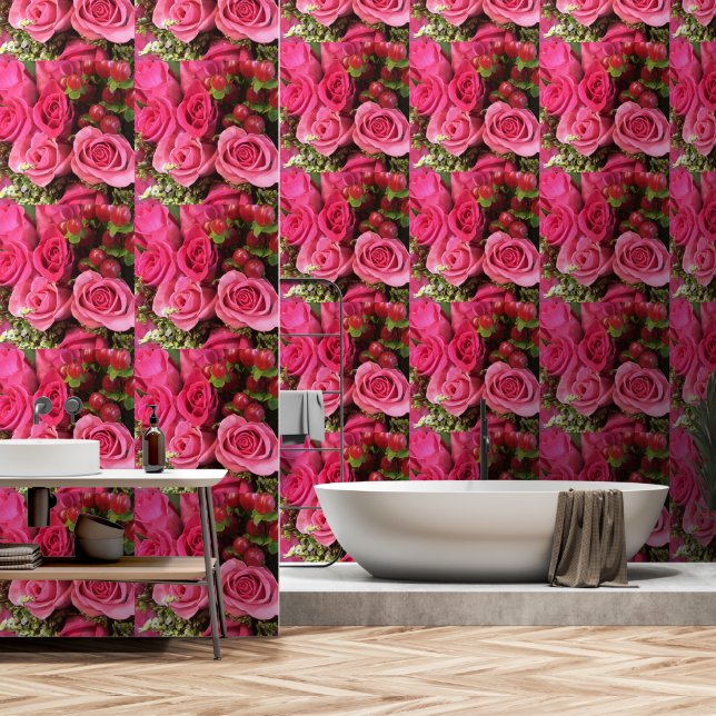 Acentos de pared impresos con imagen de rosa rosa  (Baño)