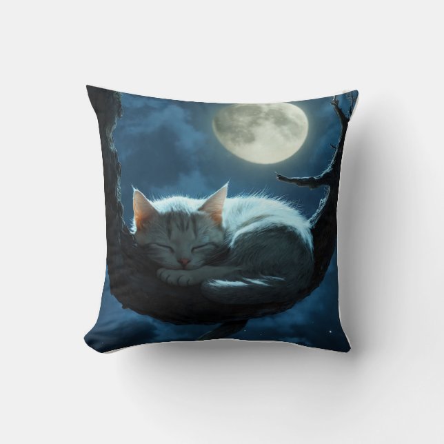 "Acogedor gato con almohada nocturna de luna llena (Anverso)