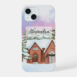 Acogedora casa con colorido cielo y pinos en invie