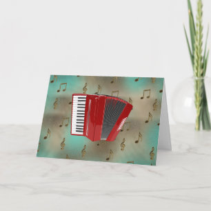 Acordeón rojo en la tarjeta de notas musicales.