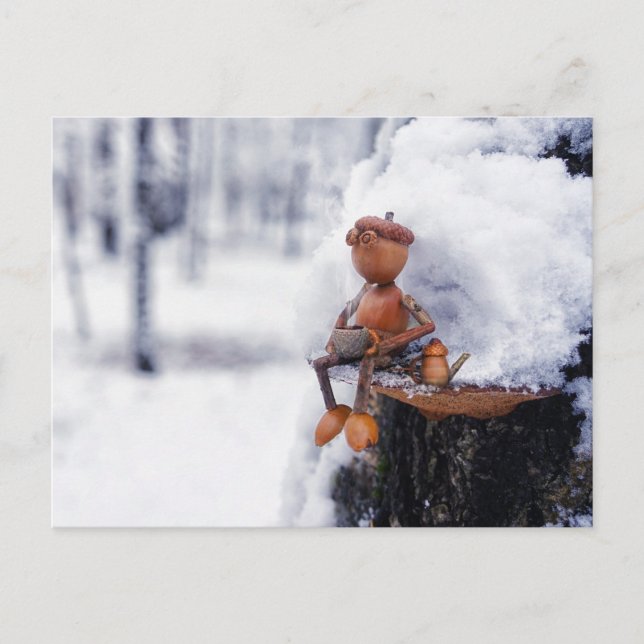 Acorn elf con café - postal de invierno (Anverso)
