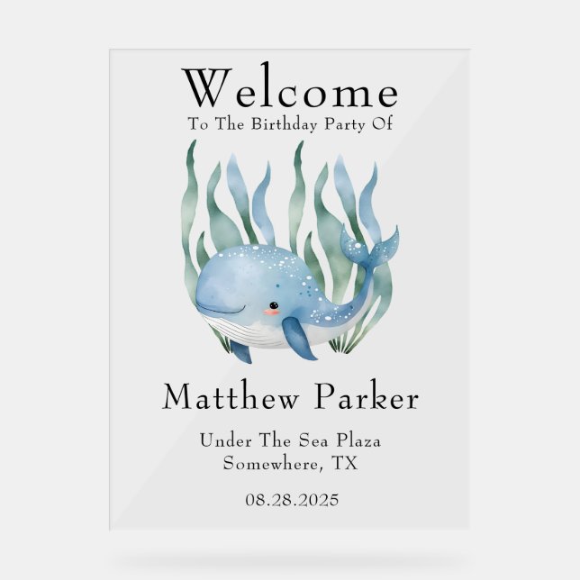 Acrílica Señal de bienvenida de ballena azul bajo el mar (Anverso)