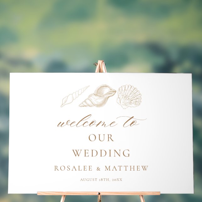 Acrílica Señal de bienvenida de boda con conchas doradas y  (Neutral )