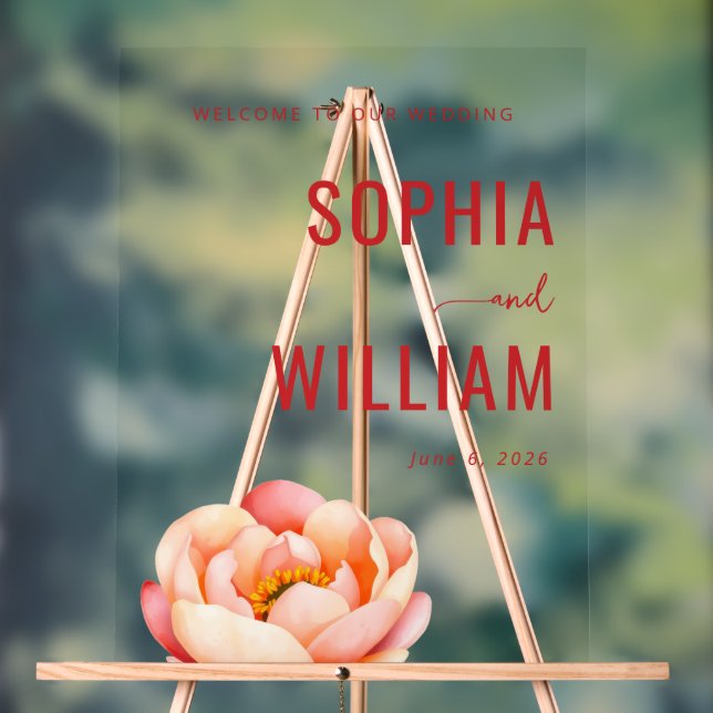 Acrílica Señal de Boda Floral Roja Sofisticada (Neutral )