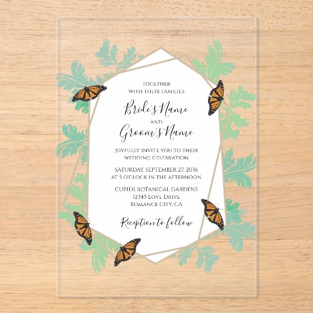Acrílicas Elegantes invitaciones a la boda de mariposas mona (Anverso)