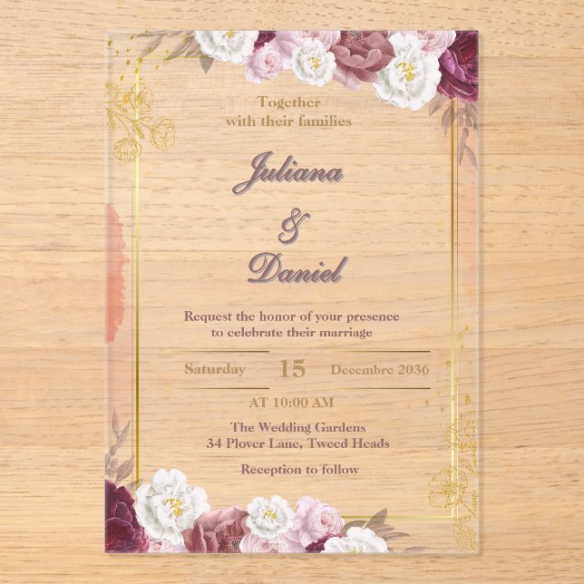 Acrílicas Elegantes invitaciones de Boda Acrílica Roja y Oro (Anverso)