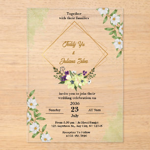 Acrílicas Invitaciones a la boda acrílica floral verde blanc