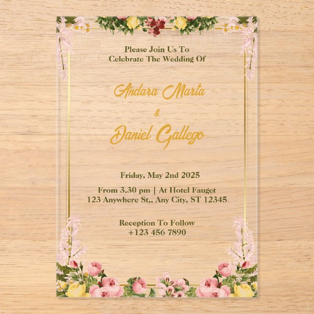 Acrílicas Invitaciones a la boda acrílica floral verde y dor (Anverso)