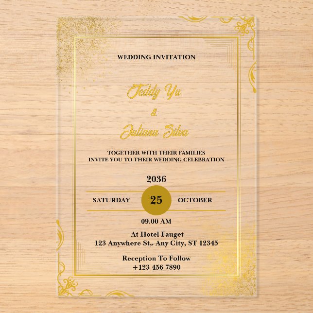 Acrílicas Invitaciones a la Boda Acrílica Moderna Gold Elega (Anverso)