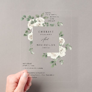 Acrílicas Invitaciones de boda blancas suaves florales y euc